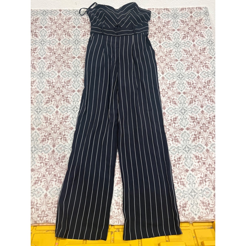 The Vintage Shop Navy Blue Pinstripe Wide Leg Strapless Cutout Jumpsuit Size M